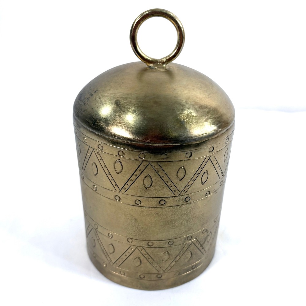 Pottery Barn Bell Gold Brass Etched Geometric Pattern Made in India Large 8in